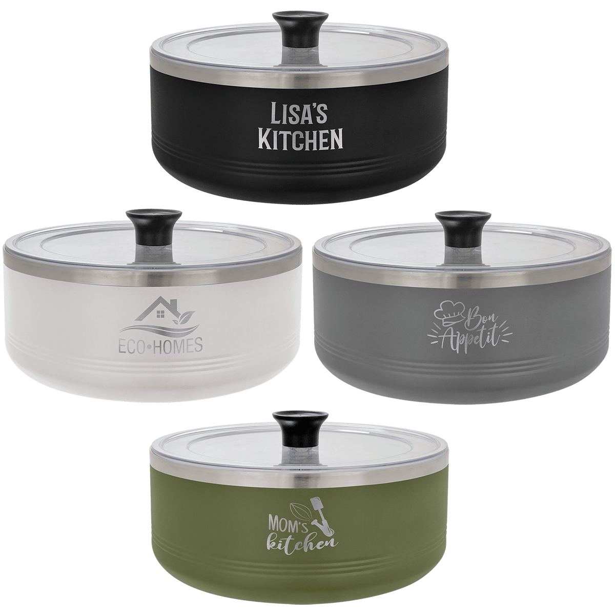 Four 3-quart stainless steel insulated serving bowls in black, white, olive green, and grey, each with a lid and custom laser-engraved designs.
