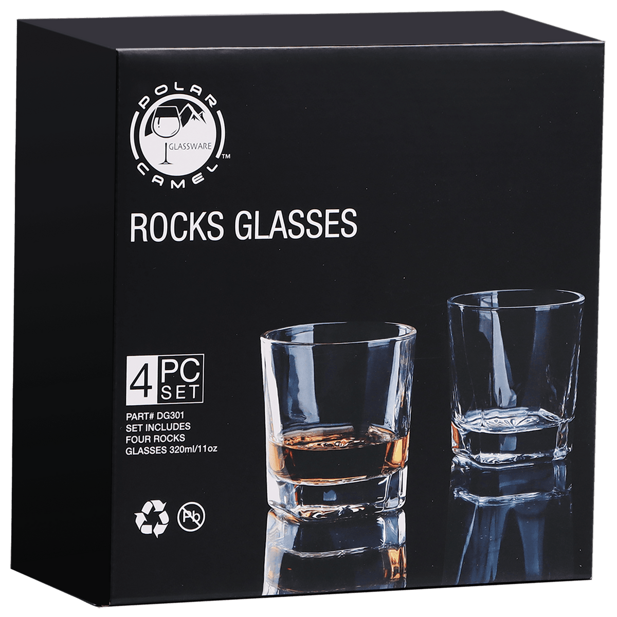 Polar Camel 4-piece square rocks glasses presentation box showing product branding and two engraved glasses on a black background