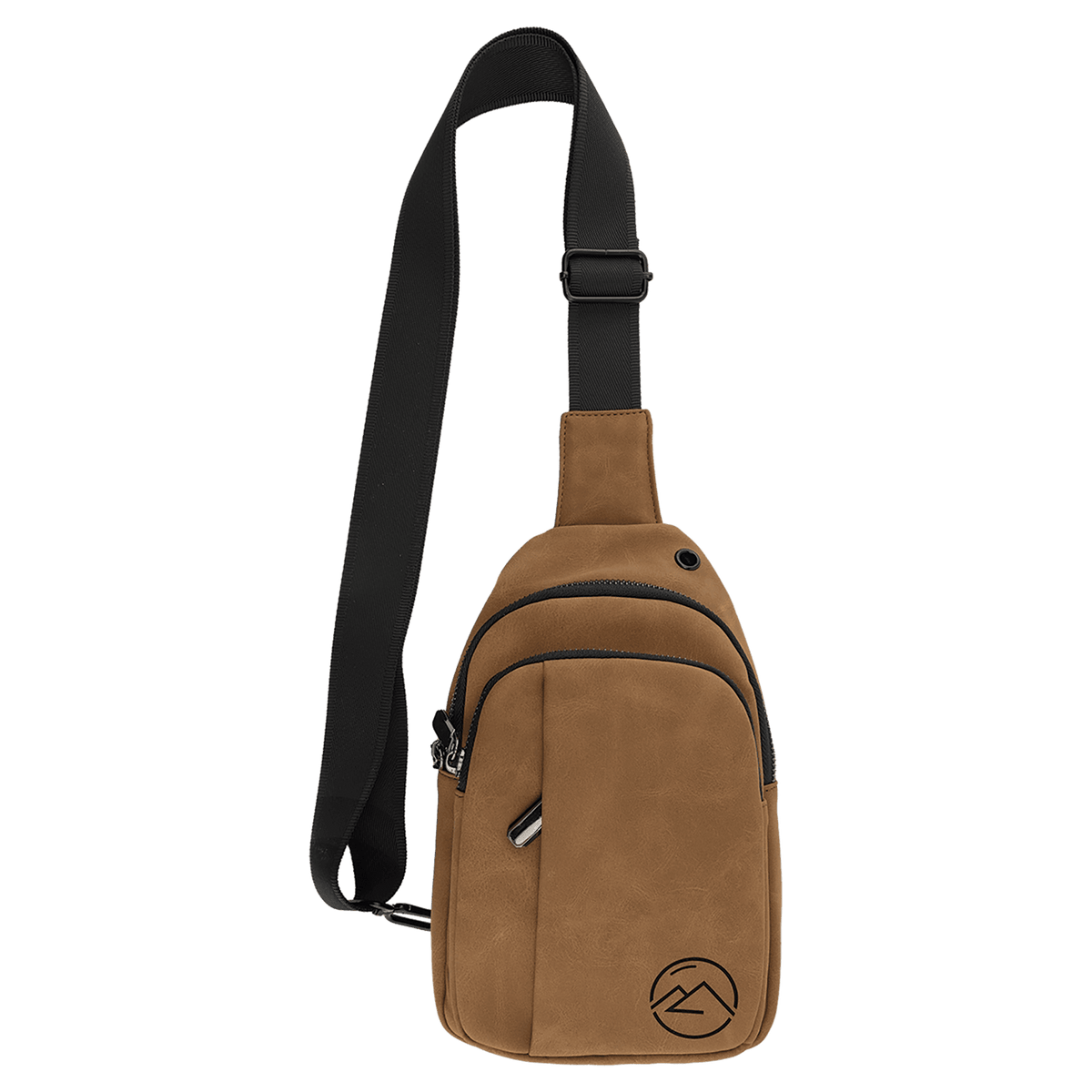 A medium brown Creekside Collection Explorer leatherette bag laser engraved with a mountain monogram on the front.