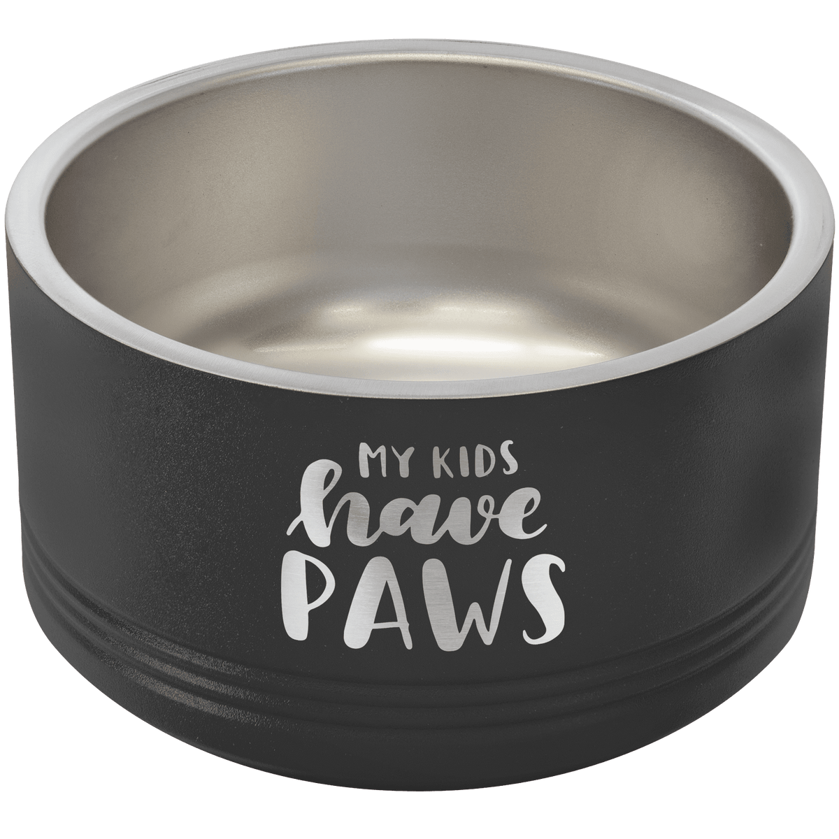 Black stainless steel double insulated Polar Camel pet bowl with 'My kids have paws' engraved on it, on a transparent background