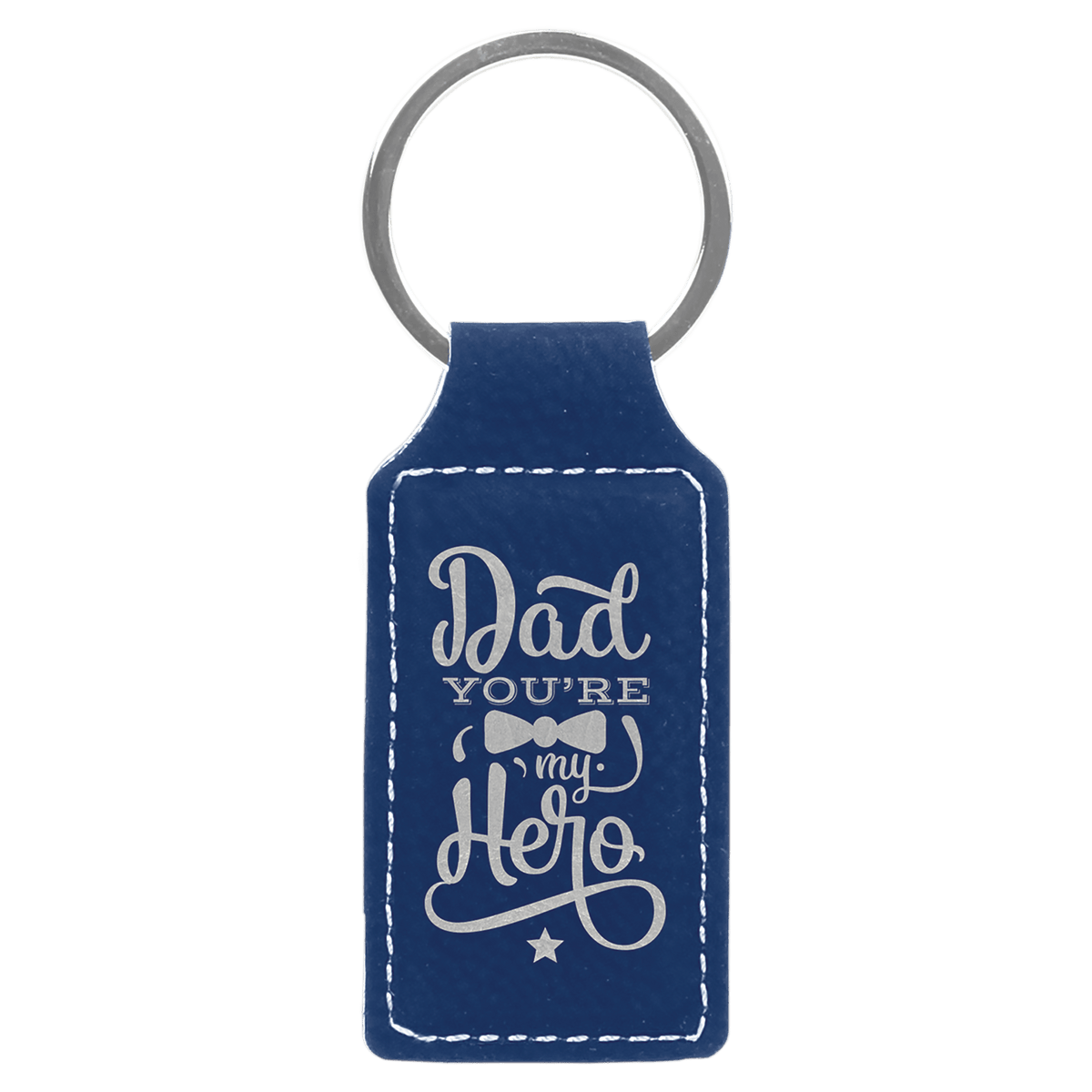 Blue leatherette keychain engraved with "Dad, You're My Hero" text, featuring a silver split ring on a transparent background