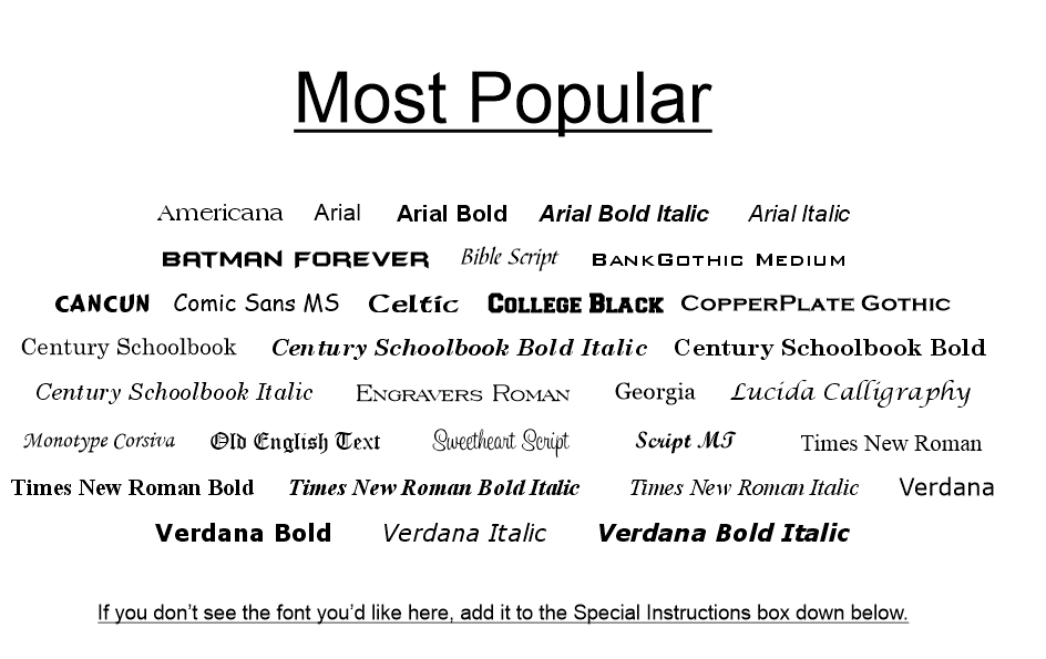 A black-and-white reference chart titled 'Most Popular' listing various font names such as Arial, Times New Roman, Verdana, and others, with a note at the bottom suggesting to add fonts not shown in the special instructions box.