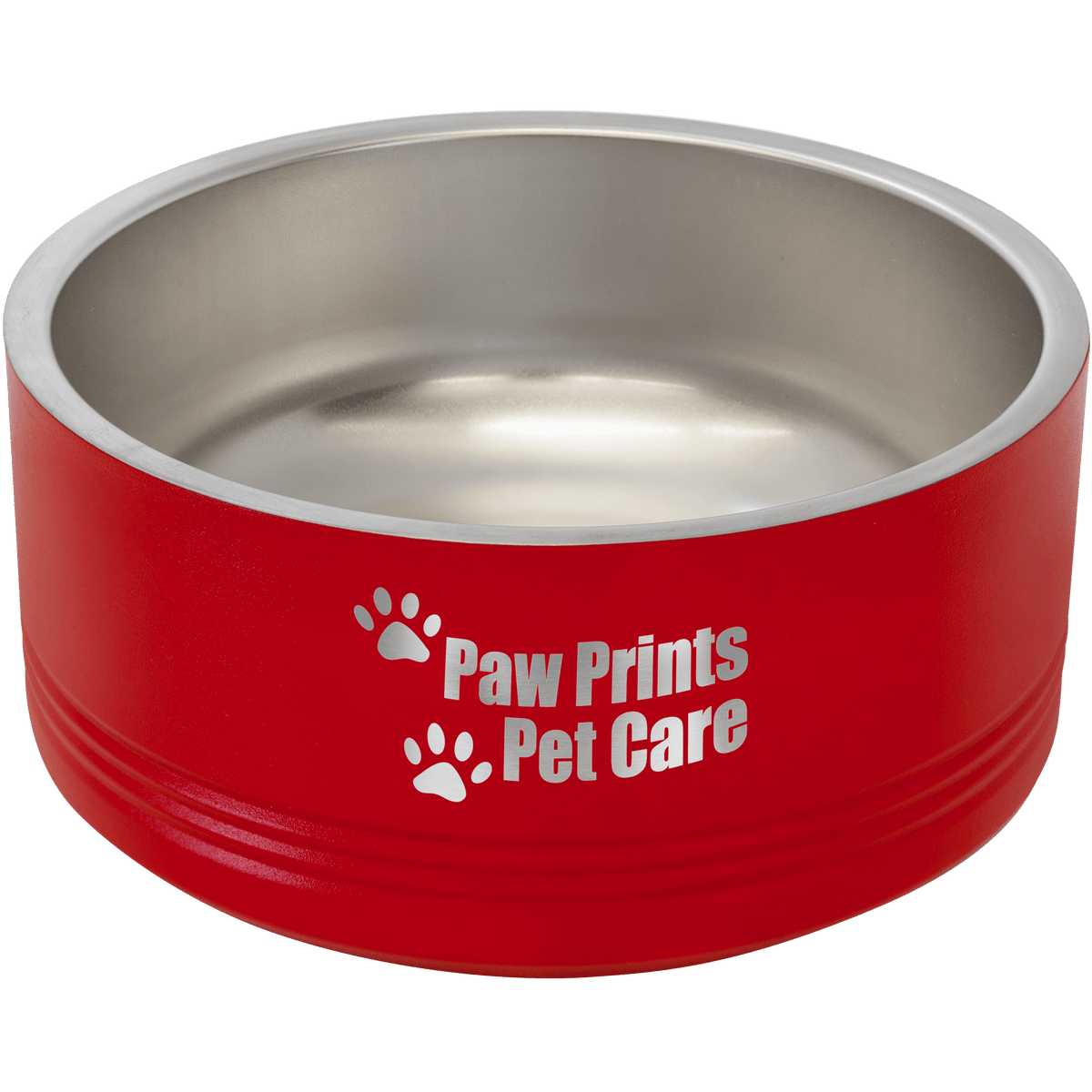 Red stainless steel double insulated Polar Camel pet bowl with 'Paw prints pet care' and paw prints engraved on it, on a transparent background