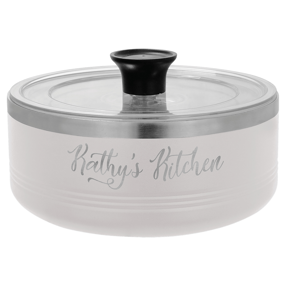 White stainless steel insulated 1 1/4-quart serving bowl with a clear lid and black handle, engraved with the text "Kathy's Kitchen" in a script font, on a transparent background.