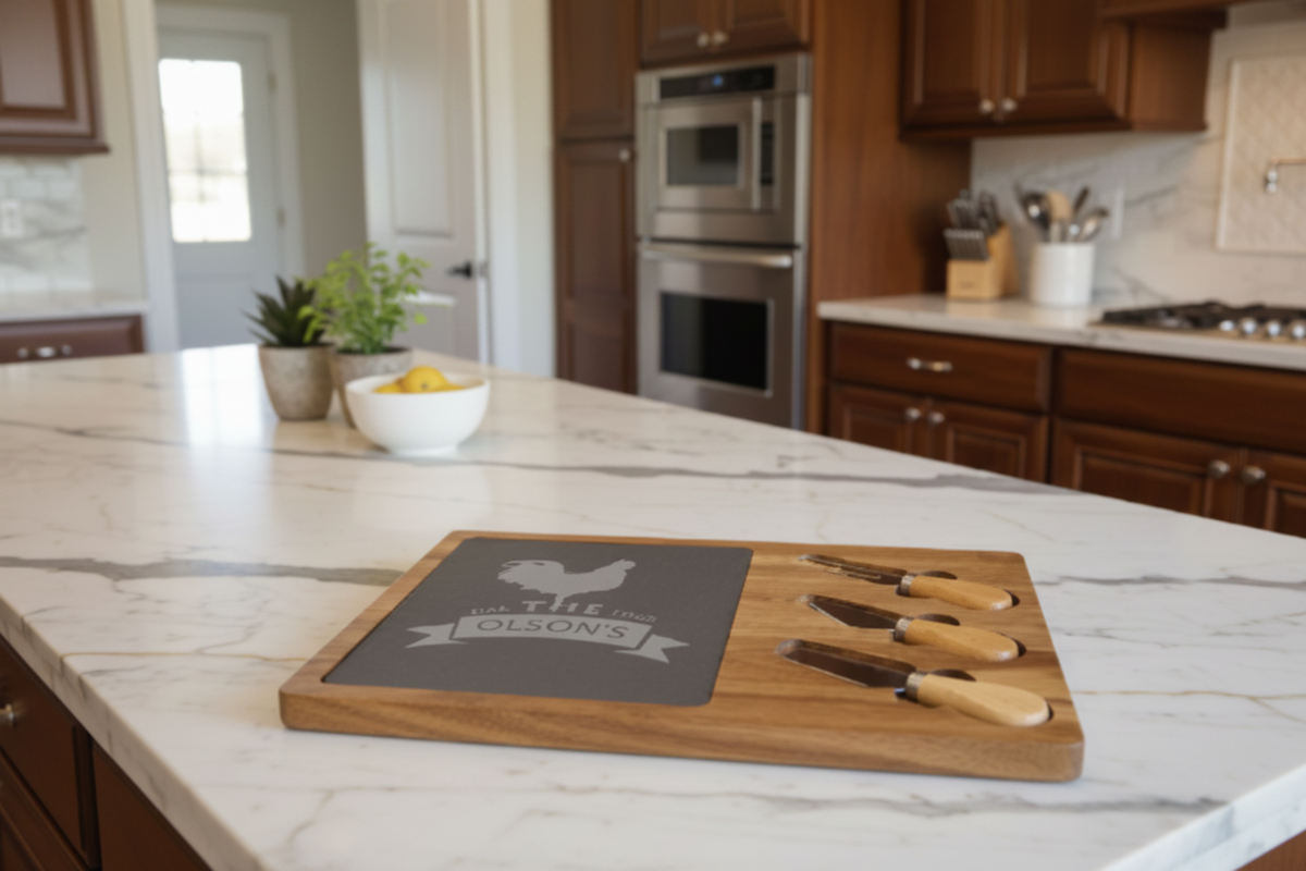 A personalized wooden cheese board engraved with 'THE OLSON'S' and a rooster logo, sitting on a marble kitchen island countertop next to a bowl of lemons.