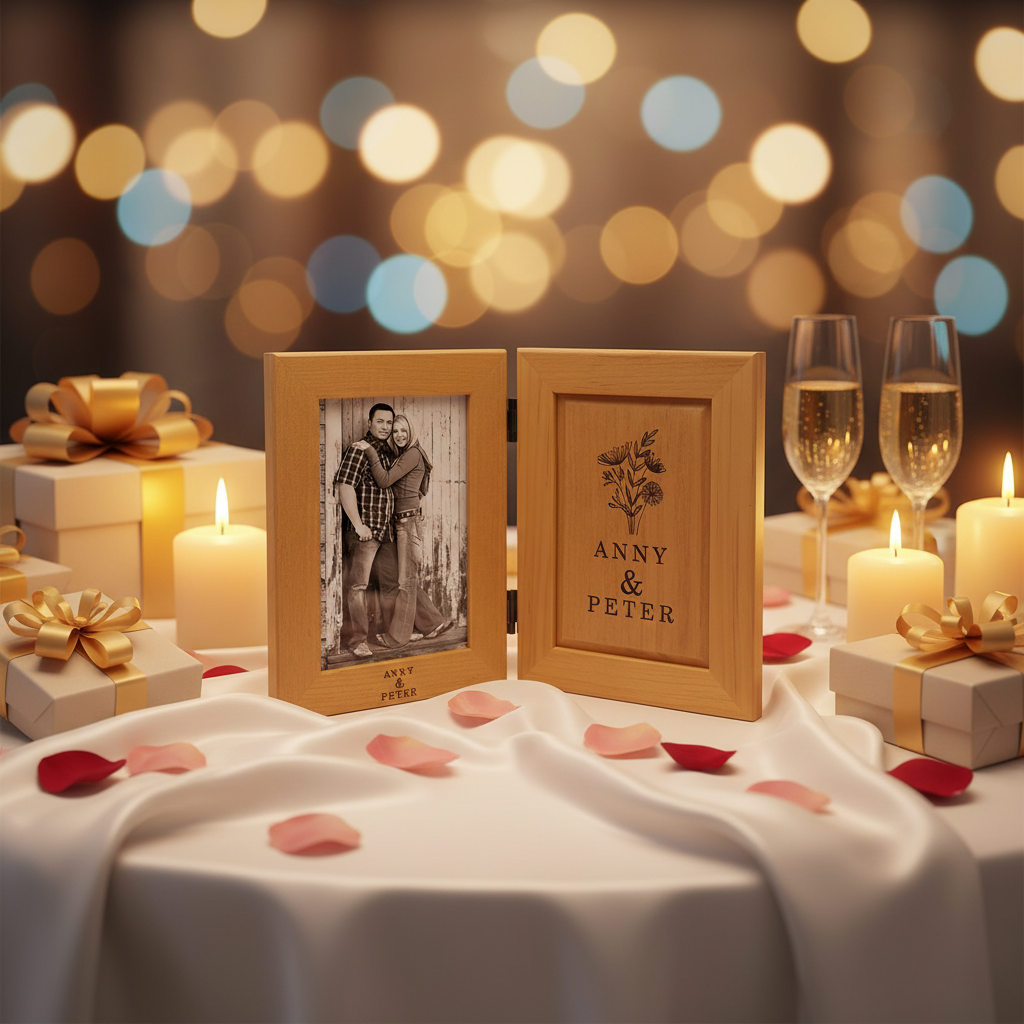 Double 4x6 Red Alder photo frame, with a photo of a couple on one side with "Anny & Peter" engraved underneath, and then on the other frame side a red alder insert engraved with a floral motif and Anny & Peter engraved on it.