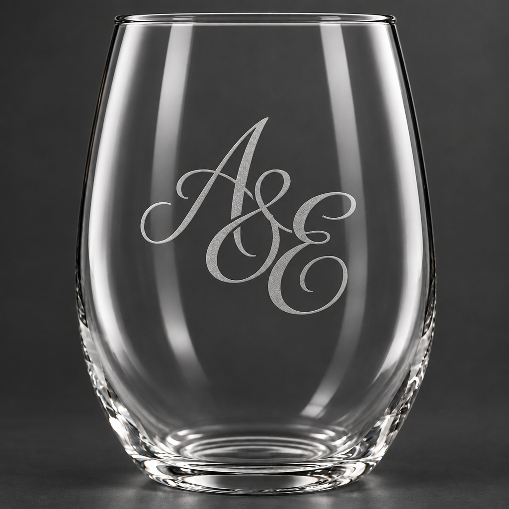 A Libbey stemless wine glass engraved with an elegantly engraved script monogram A & E. 