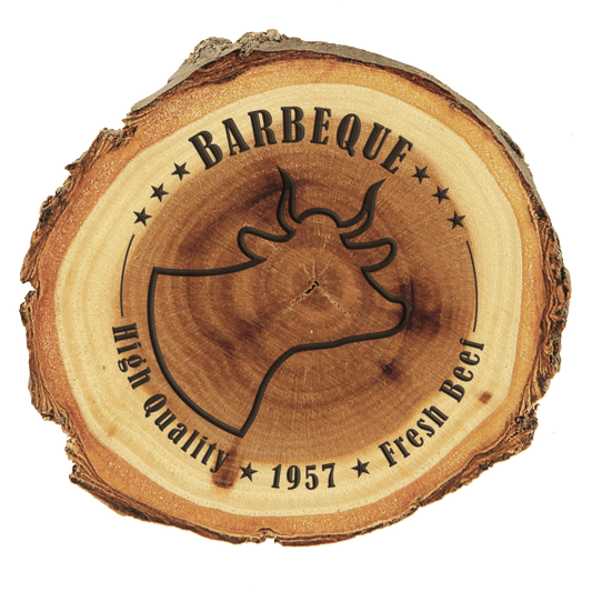 Rustic 3" Old West Custom Engraved Elm Wood Log Magnet featuring a custom 'Barbeque' and 'High Quality Fresh Beef' branding design