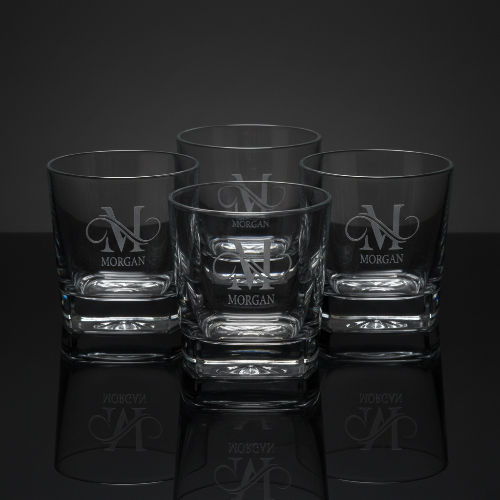 Four custom-engraved square heavy-base whiskey rocks glasses featuring a personalized monogram and name design (M with Morgan underneath), displayed together on a reflective surface