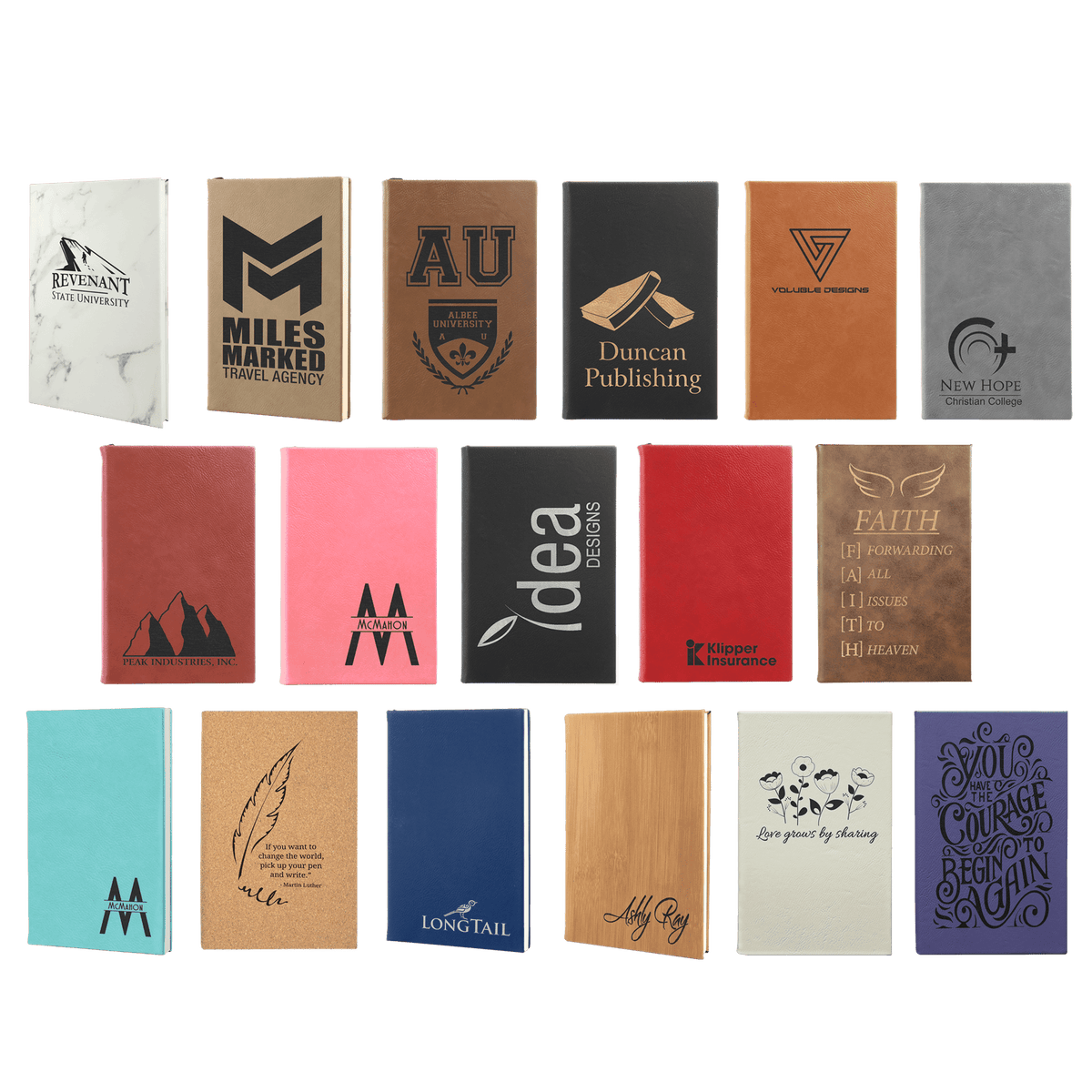 Collection of leatherette journals all personalized with various custom designs and logos in 17 different colors.