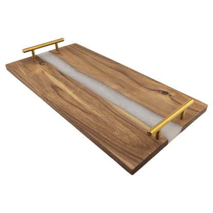 Custom engraved 18x9 acacia wood serving tray with white pearl and blue resin river inlay and gold handles. Custom engraved in Brighton, CO with free local pickup or reliable nationwide shipping!
