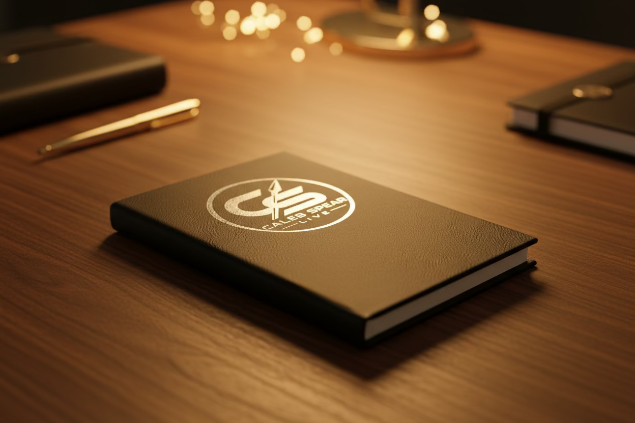 A black leatherette journal with a gold personalized engraved circular 'CS' logo and the text 'CALEB SPEAR LIVE' on the front, placed on a wooden desk with gold accents.