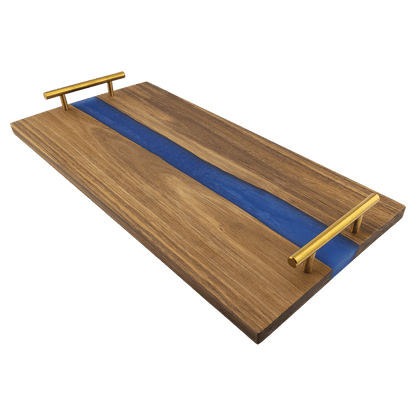 Personalized acacia wood serving tray featuring a vibrant blue resin river inlay and modern gold hardware. Custom-engraved in Brighton, CO with free local pickup or reliable nationwide shipping!