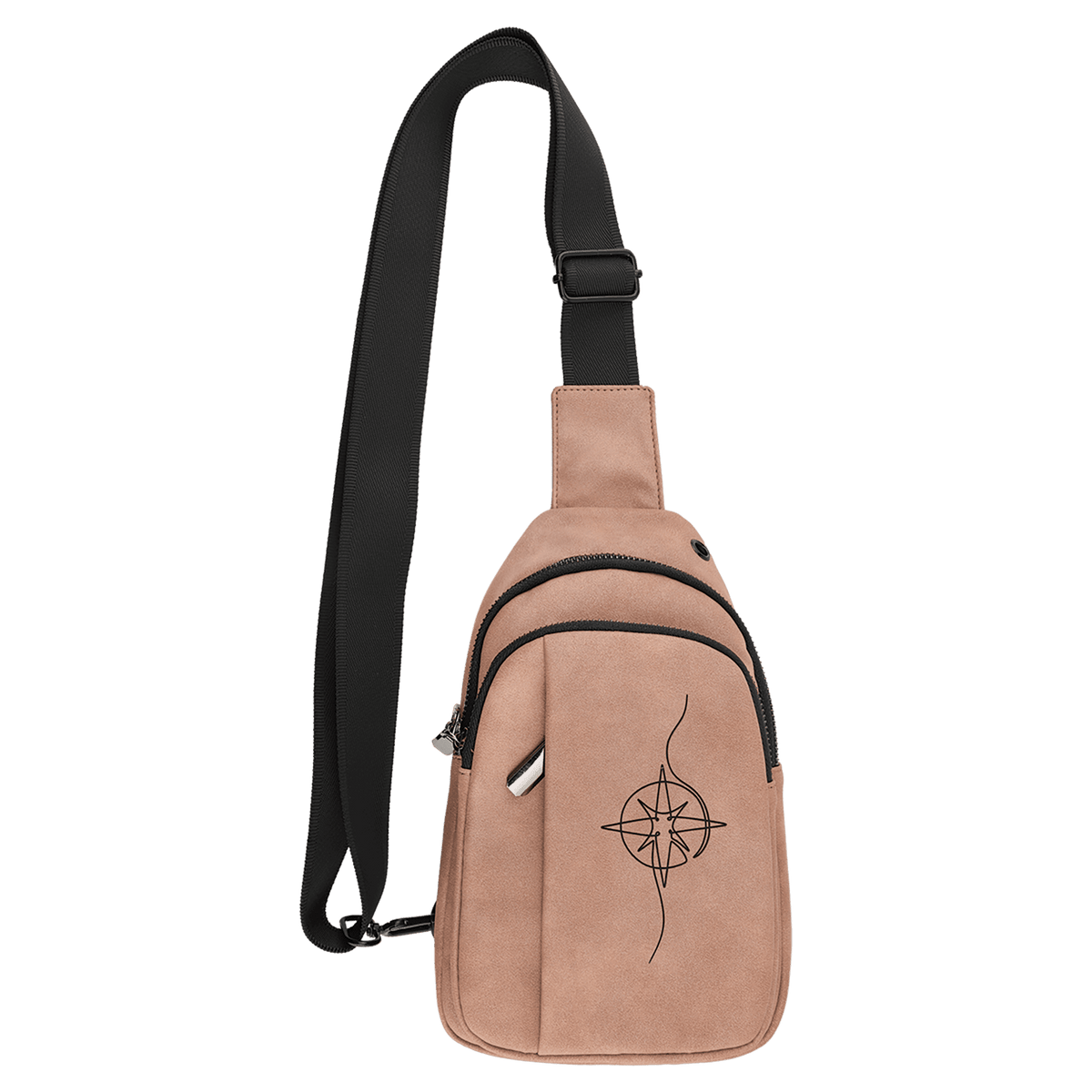 Blush colored leatherette sling bag with a laser engraved abstract star design on the front.