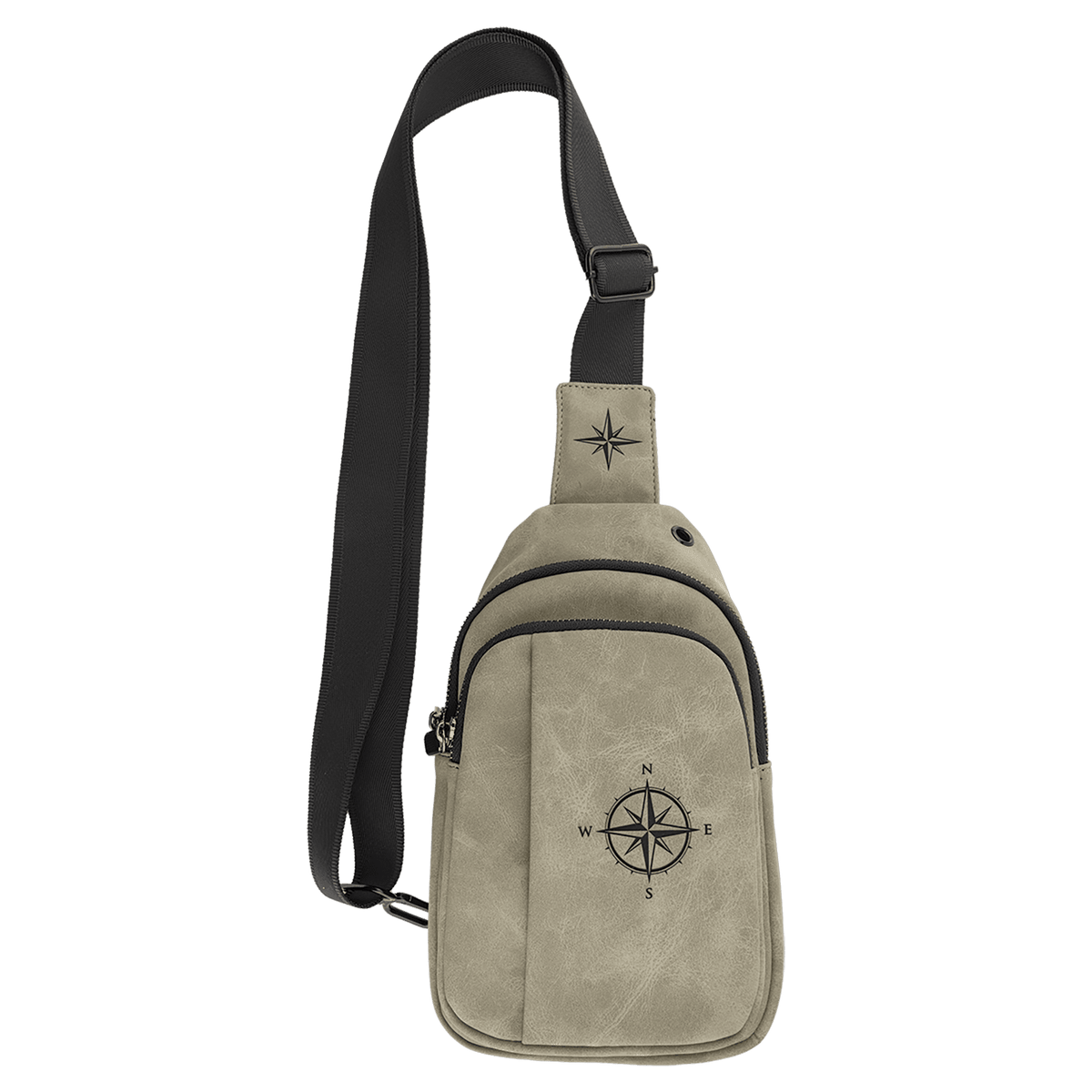 Light green Creekside Collection Explorer sling bag with a compass engraved on the front and top of the strap