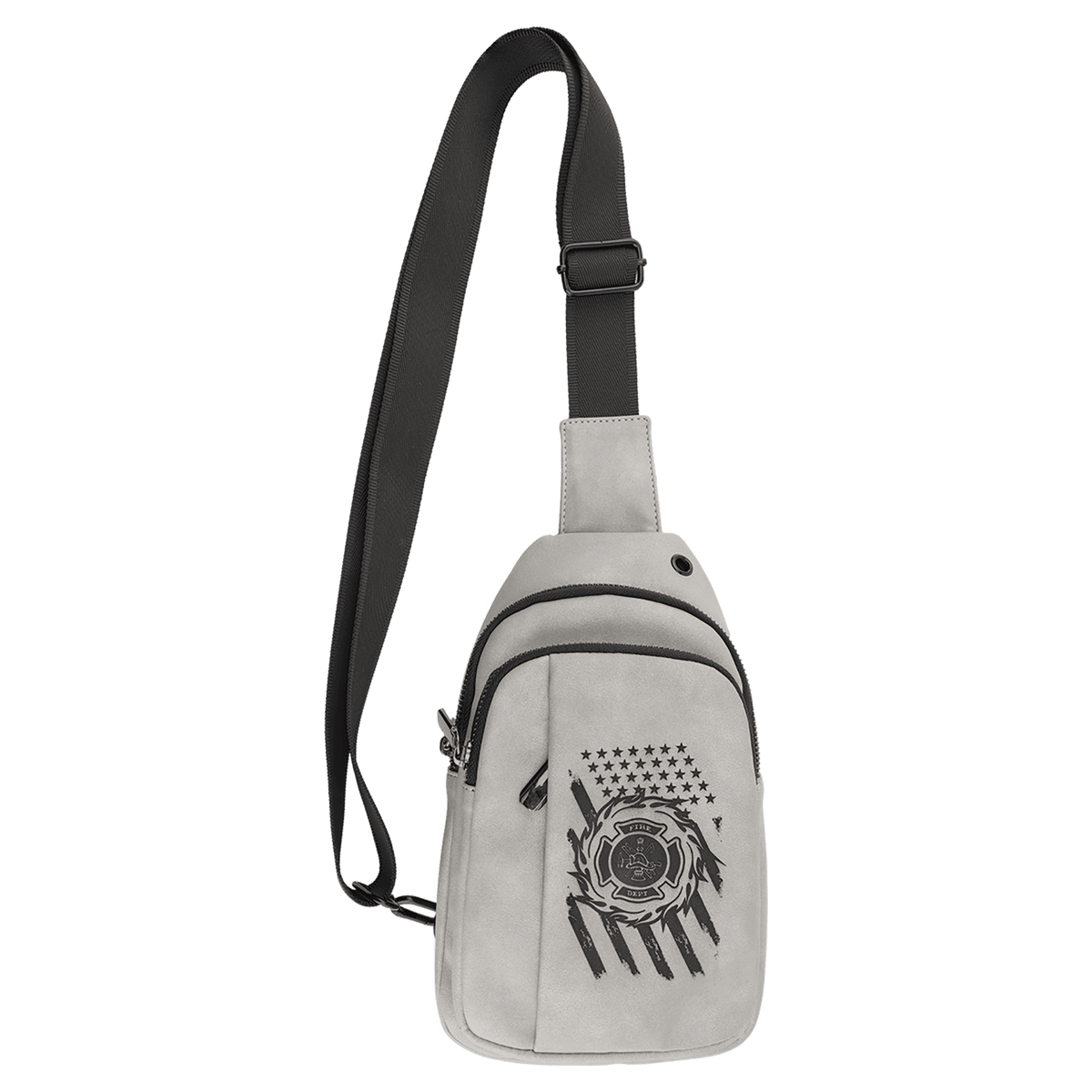Light grey leatherette Creekside Collection sling bag custom laser engraved with a flag engraved around a firefighter emblem