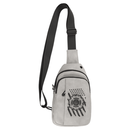 Light grey leatherette Creekside Collection sling bag custom laser engraved with a flag engraved around a firefighter emblem