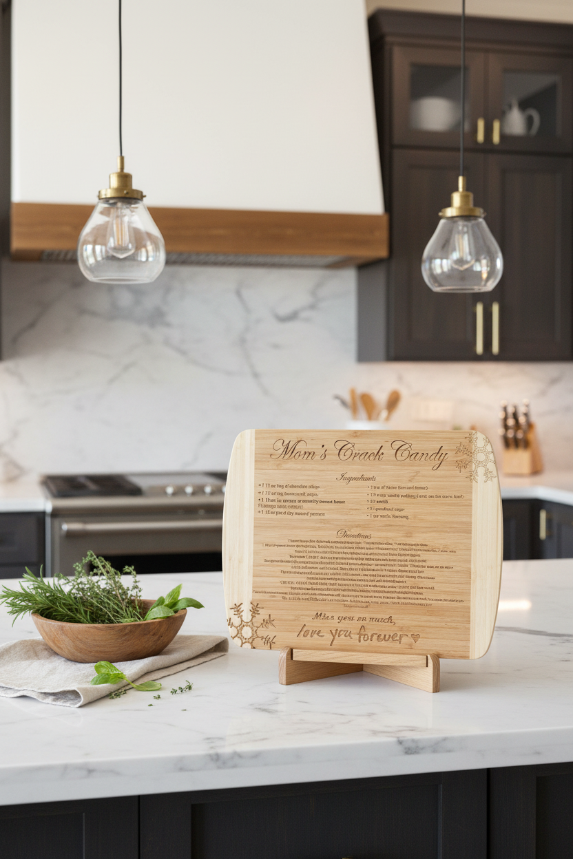 A rectangular wooden cutting board featuring a custom engraved recipe for 'Mom's Crack Candy' with snowflake accents, featuring an engraved handwritten message on the bottom that says "love you forever," displayed on a wooden stand in a modern high-end kitchen with a marble countertop. 