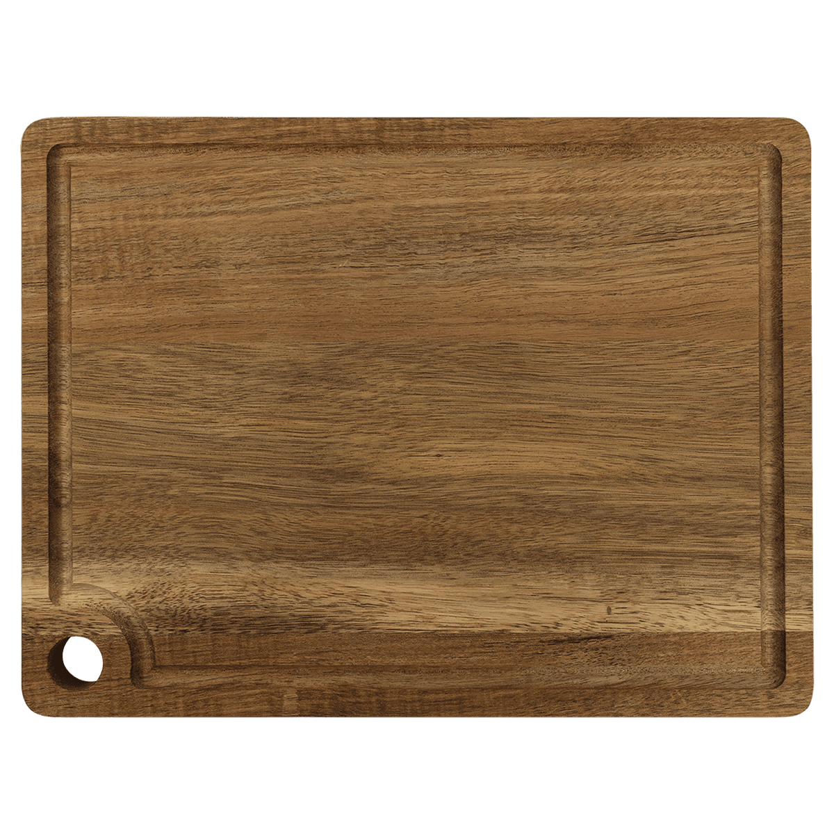 Rounded rectangular acacia wood cutting board with a natural grain pattern, an integrated hanging hole, and a juice groove along the perimeter.