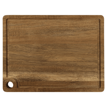 Rounded rectangular acacia wood cutting board with a natural grain pattern, an integrated hanging hole, and a juice groove along the perimeter.