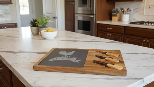 A rectangular acacia wood charcuterie board featuring a natural wood grain border and a slate center, laser-engraved with a 'The Olson's' rooster design. Three stainless steel cheese tools with wooden handles are slotted into the board on the right side.
