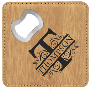 Bamboo square bottle opener coaster featuring an engraved ornate monogram "T" with the text "THOMPSON" and an integrated metal bottle opener