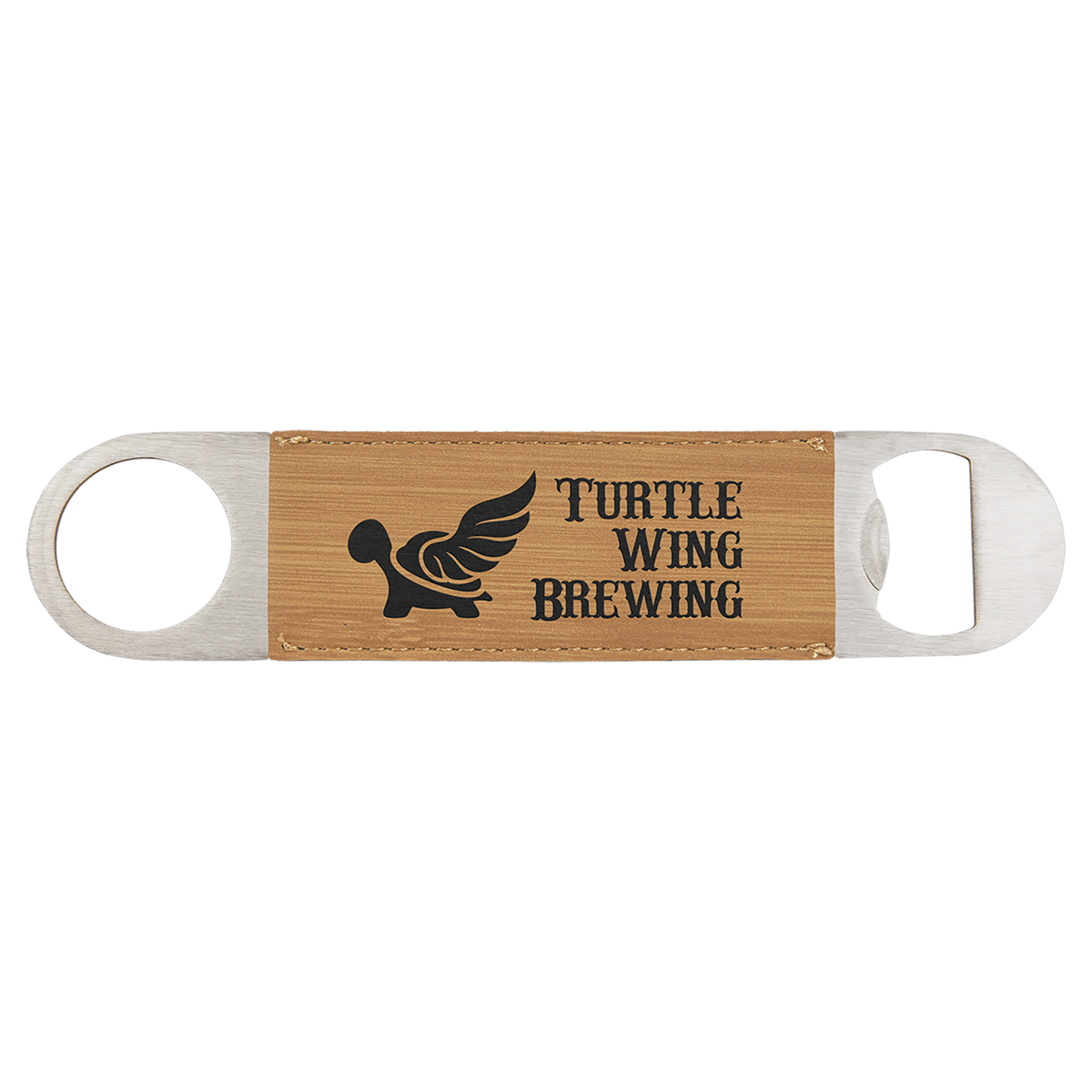 Custom engraved bamboo speed opener with 'Turtle Wing Brewing' logo on a white background