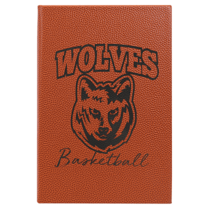 Custom laser-engraved Basketball-covered leatherette journal featuring a wolf head with Wolves Basketball engraved. 