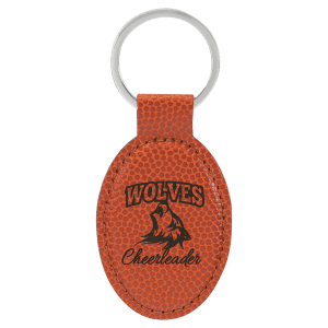 Brown leather keychain with 'Wolves Cheerleader' text and logo on a white background