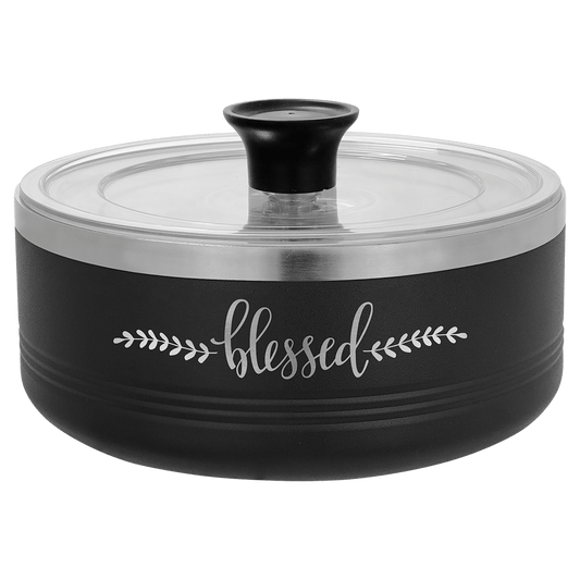 Black stainless steel insulated 1 1/4-quart serving bowl engraved with the word "blessed" and decorative flourishes, shown with a clear lid on a white background.