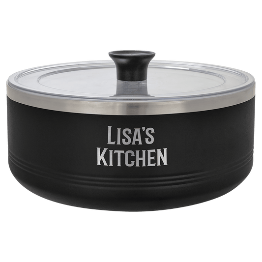 Black insulated 3-quart serving bowl with a clear lid, featuring custom laser-engraved text that reads 'Lisa's Kitchen'.