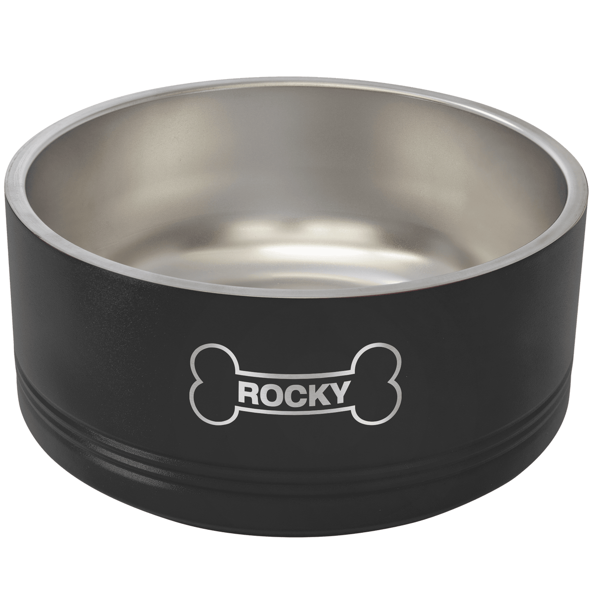 Black stainless steel double insulated Polar Camel pet bowl with 'Rocky' engraved inside a dog bone on it, on a transparent background
