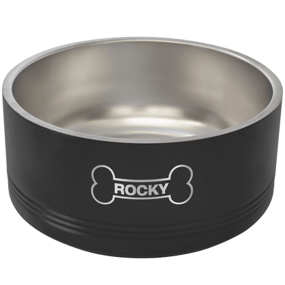 Black stainless steel double insulated Polar Camel pet bowl with 'Rocky' engraved inside a dog bone on it, on a transparent background