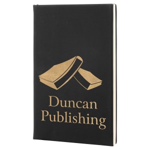 Custom laser-engraved Black leatherette journal with gold engraving featuring the logo for Duncan Publishing for a professional, personalized look.