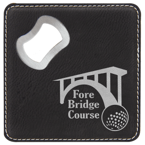 Black square leatherette bottle opener coaster featuring an engraved bridge and golf ball design with the text "Fore Bridge Course"