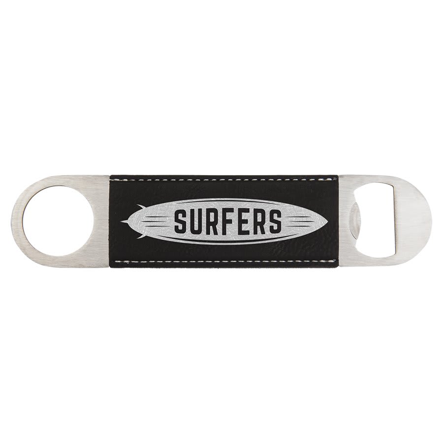 Custom engraved black leatherette speed opener with 'Surfers' text on a white background