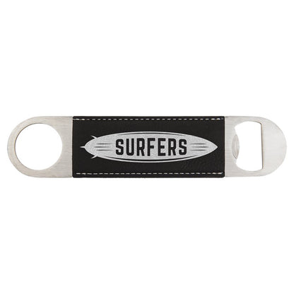Custom engraved black leatherette speed opener with 'Surfers' text on a white background