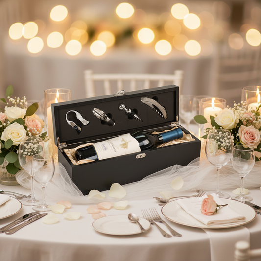 An open black wine gift box set on a decorated dining table, containing a wine bottle and several silver wine accessories. The scene is styled with white plates, glassware, rose petals, floral arrangements, and warm blurred string lights in the background.