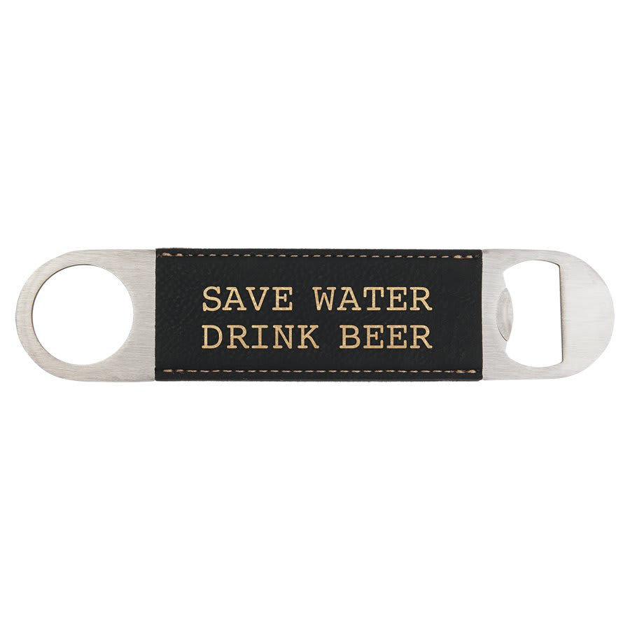 Custom engraved black and gold leatherette speed opener with 'Save Water Drink Beer' text on a white background