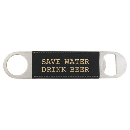 Custom engraved black and gold leatherette speed opener with 'Save Water Drink Beer' text on a white background