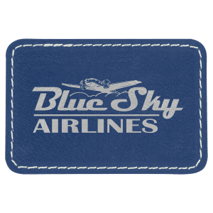 Blue leatherette patch with 'Blue Sky Airlines' engraved text in silver and logo on a white background
