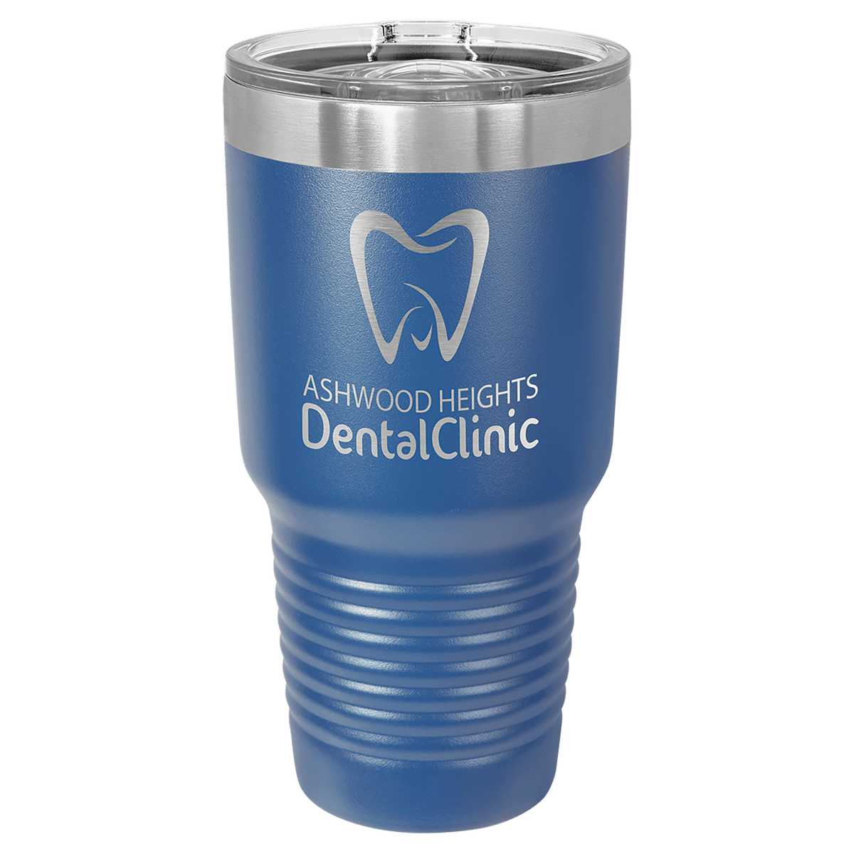 Custom laser-engraved 30 oz blue insulated tumbler featuring 'Ashwood Heights Dental Clinic', shown on a transparent background.