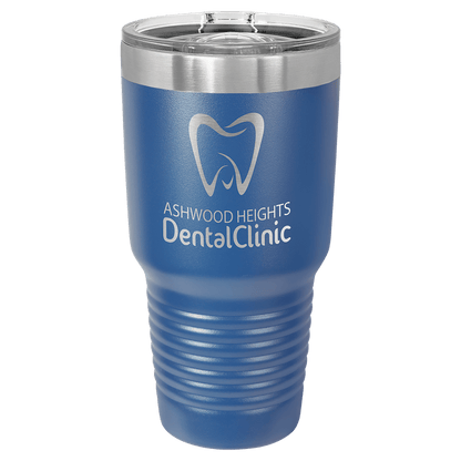 Custom laser-engraved 30 oz blue insulated tumbler featuring 'Ashwood Heights Dental Clinic', shown on a transparent background.