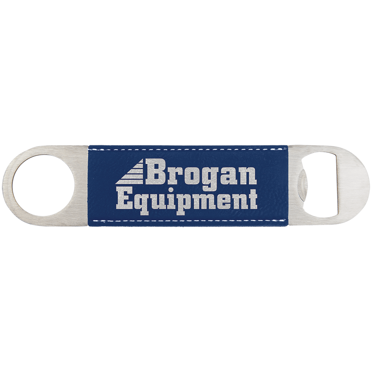 Custom engraved blue leatherette speed opener with 'Brogan Equipment' logo on a transparent background