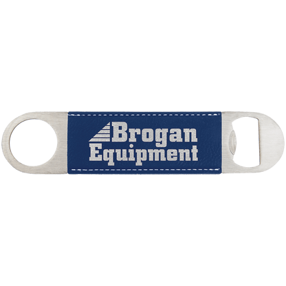 Custom engraved blue leatherette speed opener with 'Brogan Equipment' logo on a transparent background
