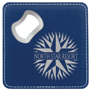 Blue square leatherette bottle opener coaster featuring the North Star Resort logo etched in silver