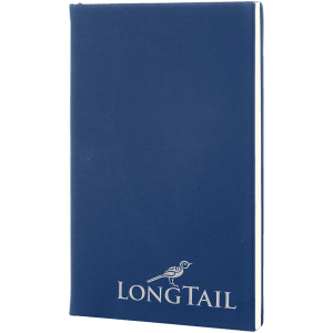 Custom laser-engraved Blue leatherette journal with silver engraving featuring a bird with LongTail logo for a professional, personalized look.