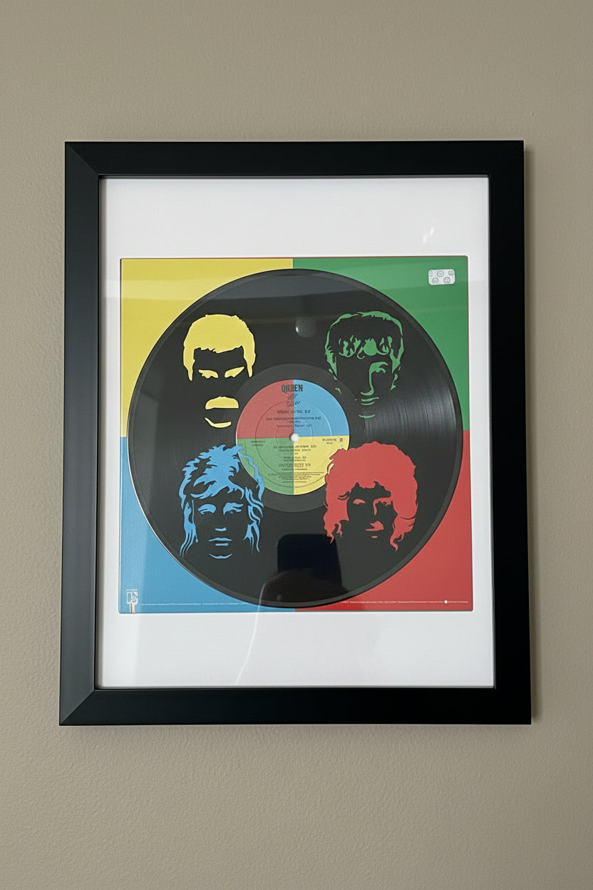 A framed Queen Hot Space vinyl record engraved with the band members of Queen, overlaid on top of the yellow, green, blue and red album cover. 