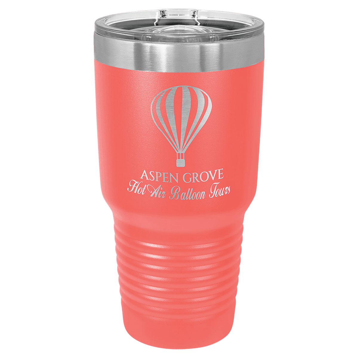 Custom laser-engraved 30 oz coral insulated tumbler featuring 'Aspen Grove Hot Air Balloon Tours' logo, shown on a transparent background.