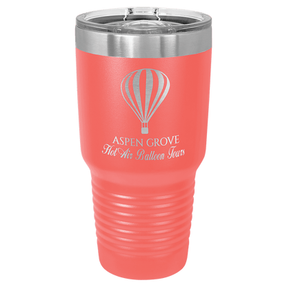 Custom laser-engraved 30 oz coral insulated tumbler featuring 'Aspen Grove Hot Air Balloon Tours' logo, shown on a transparent background.